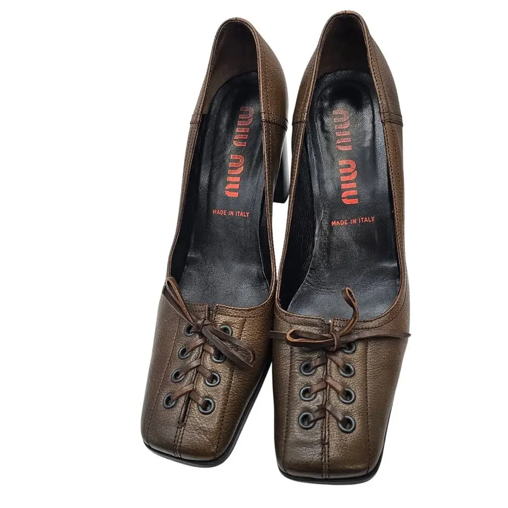 Miu Miu Vintage 90s Brown Leather Lace Up Corset Square Toe Pump Heels 40 9